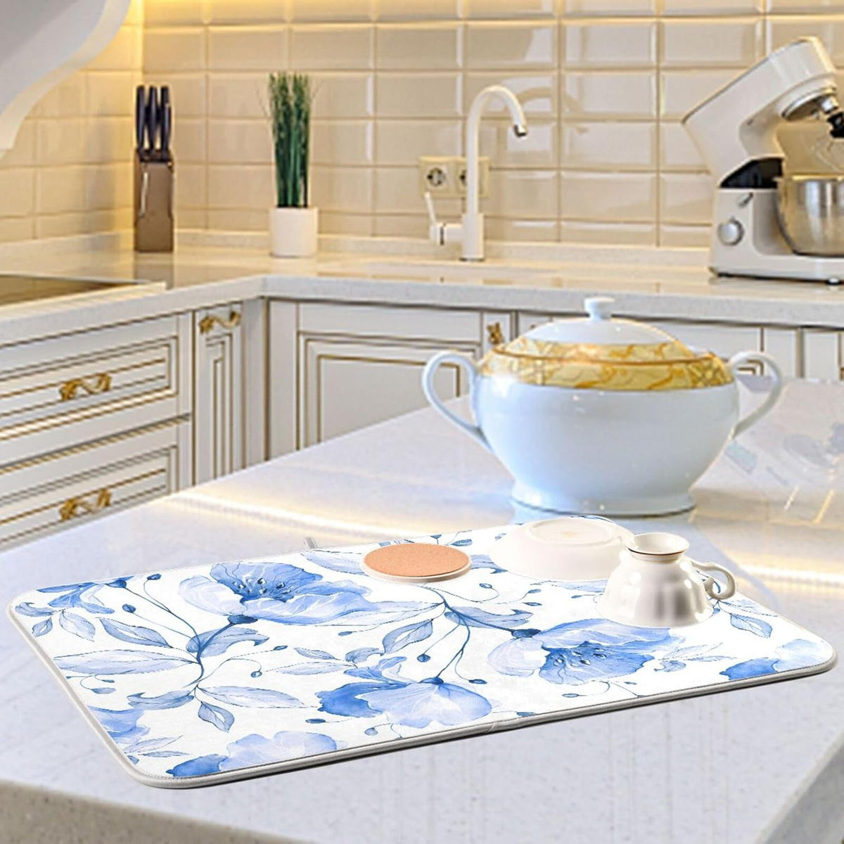 Spring Blue Flowers Leaves Dish Drying Mat for Kitchen Counter Absorbent Microfiber Drying Pad, Medium 16x18 in, Reversible Drainer Mats