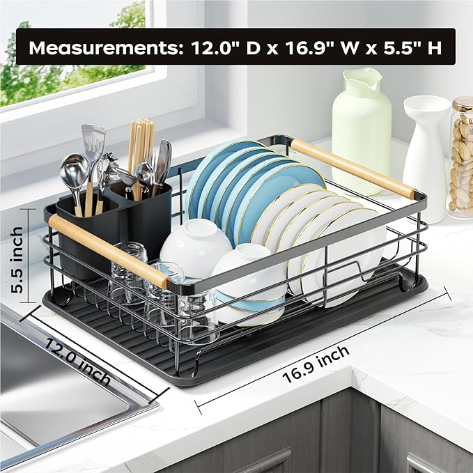 Dish Racks for Kitchen Counter: Wooden Handles, Thickened Metal, No Assembly. Small Dish Drying Rack: Ideal for Small Households. Drying Rack Kitchen: Black