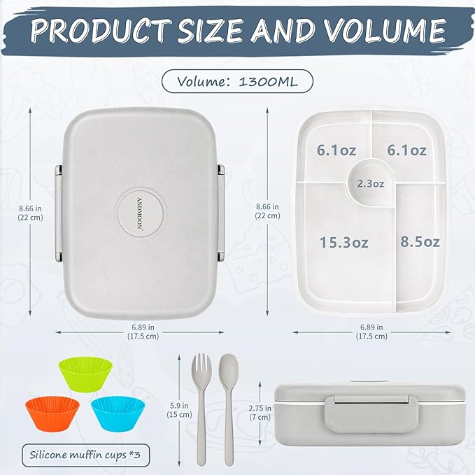 Bento Box Adult Lunch Box, Kid Lunch Box Contaiers for 5 Compartmets, Lunch Containers with 3 Silicone Baking Cups, Leakproof, Dishwasher and Microwave Safe, BPA-Free (Grey)
