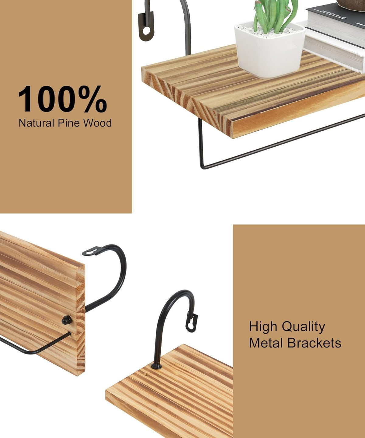 Floating Shelves with Hooks, Wall Mount Mug Holder Coffee Bar Accessories Wood Kitchen Organizer Storage with Towel Rack for Bathroom Set of 2