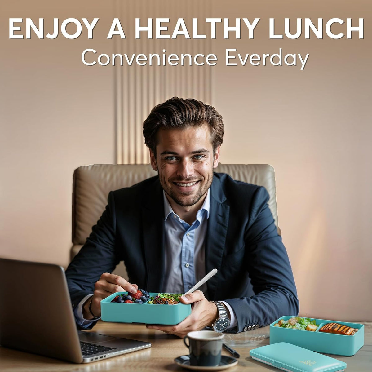 Umami Bento Box Adult All-in-1 w/ 4 Utensils, 100% Leakproof, Dishwasher & Microwave Safe Lunch Containers for Adults w/ 4 Compartments, Fresh Turquoise, 40 oz