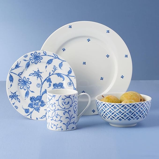 Portmeirion Home Collection 16 Piece Dinnerware Set - Blue Indigo Mix & Match Designs, Porcelain Dinner Plates, Salad Plates, Bowls & Mugs - Microwave, Dishwasher & Oven Safe, Modern Table Set