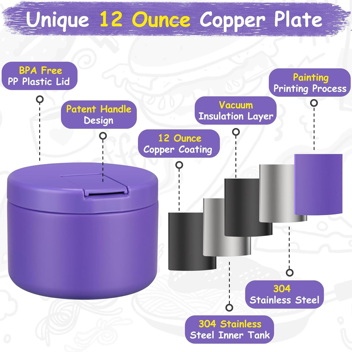 12oz Insulated Vacuum Food Jar with Buckle Lid Wide Mouth Soup Thermo for Hot Food Kids Leakproof Stainless Steel Lunch Container (Purple, 12OZ)