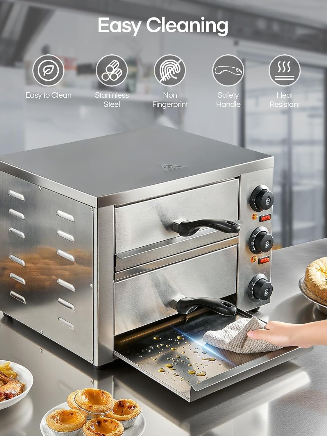 Commercial Pizza Oven, 12 Inch Countertop Pizza Ovens with 662°F Max Temp, 2-Layer Electric Pizza Cooker with Alert Timer, 1700W Stainless Steel Pizza-Maker Machine, for Restaurant,Home, Party, Silver