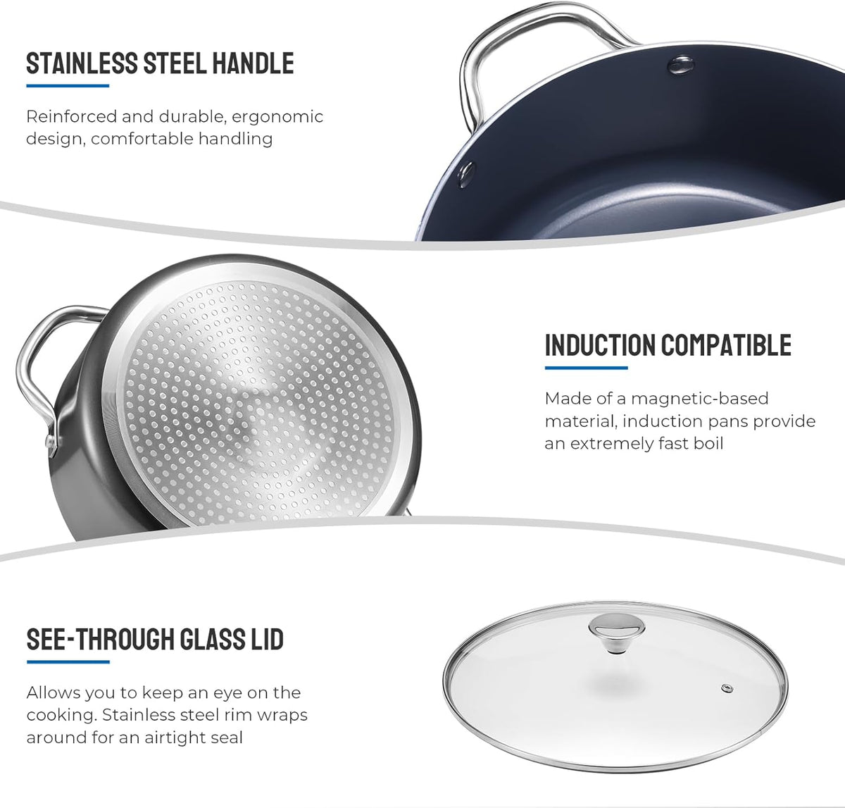 Induction Cookware Set 6-Piece, Stackable Kitchen Cooking Pots Set, 6qt 4.8qt & 2qt Pots with Lids, Dishwasher Safe & Oven Safe, Compatible with All Stoves, Black