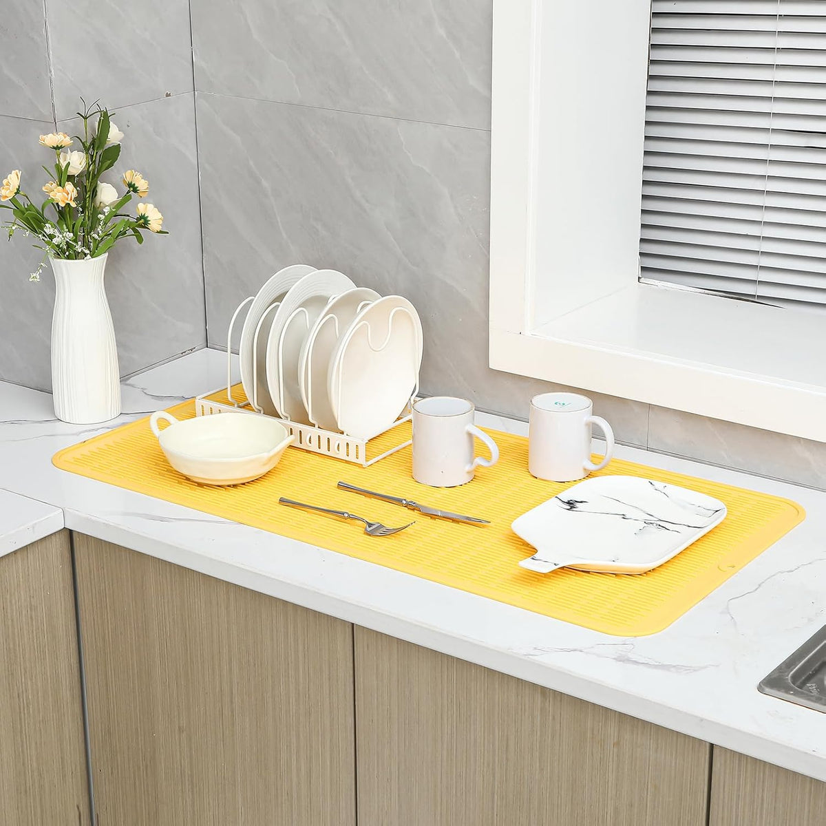 Silicone Dish Drying Mat for Multiple Usage,Easy clean,Eco-friendly,Heat-resistant Silicone Mat for Kitchen Counter or Sink,Refrigerator or Drawer Liner Yellow 5XL 36inches x 18inches