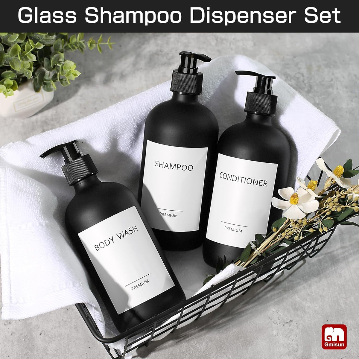 GMISUN Black Shampoo and Conditioner Dispenser, Shower Soap Dispenser Bottles with Labels, Refillable Shampoo Conditioner Body Wash Dispensers, Glass Soap Pump Dispenser Set for Bathroom Shower