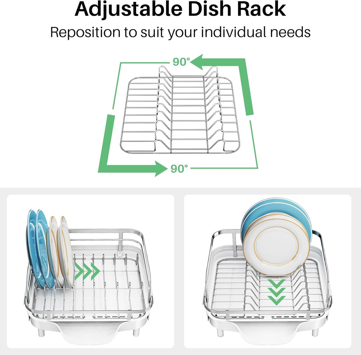SNTD Dish Drying Rack, Expandable Dish Rack for Kitchen Counter, Stainless Steel Dish Drainer with Drainboard Set and Utensil Holder (White)