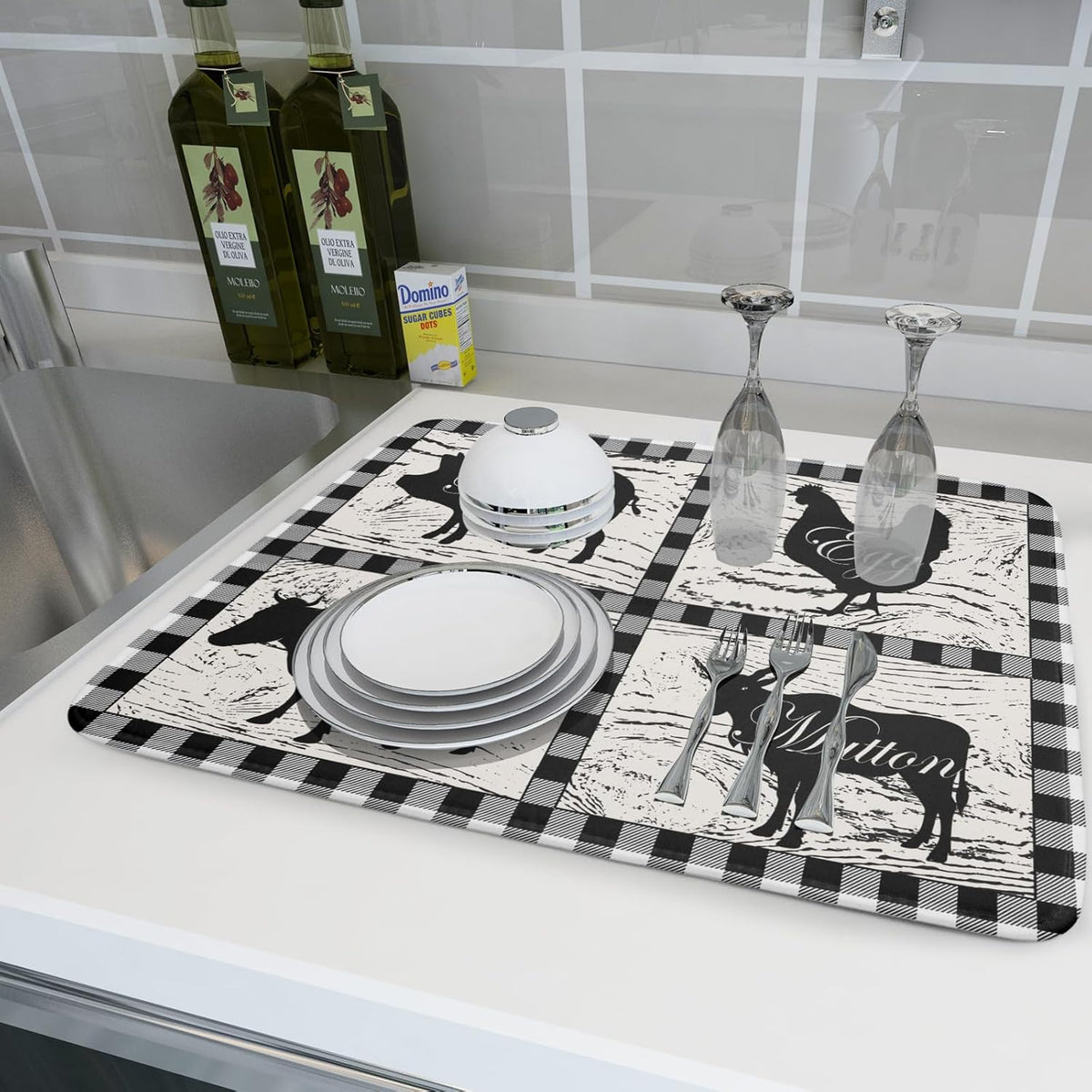 Farmhouse Animal Dish Drying Mat Buffalo Plaid Drainer Rack Mats Fast Dry Absorbent Kitchen Countertop Protector Dishes Pad 18x24 Inch