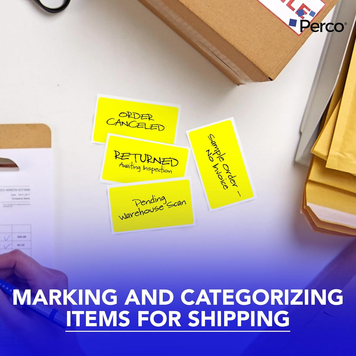 Perco Fluorescent Yellow Labels 3x5 Inch 500 Stickers/Roll with Easy Peel Perforation and Strong Adhesion for Inventory Management, Color Coding, Moving Boxes, Retail, Organizing & Crafts–Made in USA