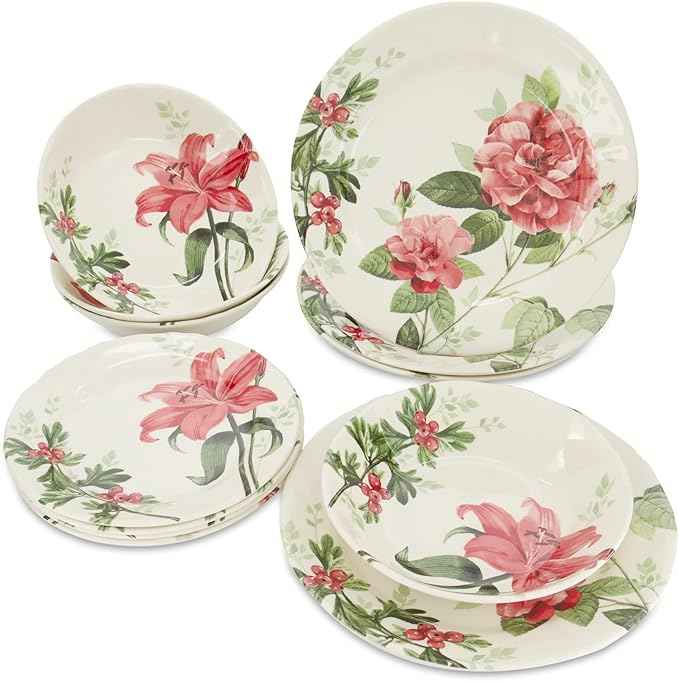 Tudor Royal Collection 24-Piece Round Dinnerware Set, Service for 6, Rosemary Design, Summer Flowers, Plates Bowls Mugs Dishes, High-Gloss Premium Quality