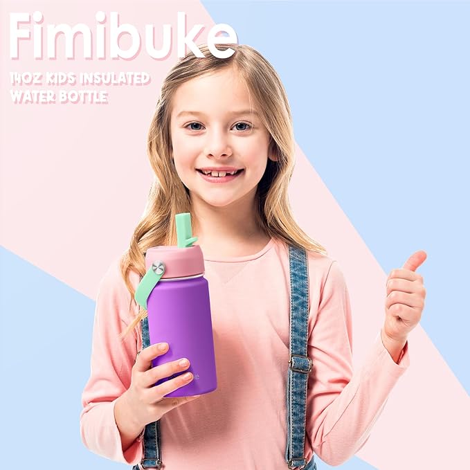 Fimibuke Kids Insulated Water Bottle - 14oz BPA-FREE 18/8 Stainless Steel Travel Tumbler Leak Proof Double Wall Vacuum Kid Cup with Straw Metal Water Bottle for School Boys Girls(2 Pack, Candy/Bubble)