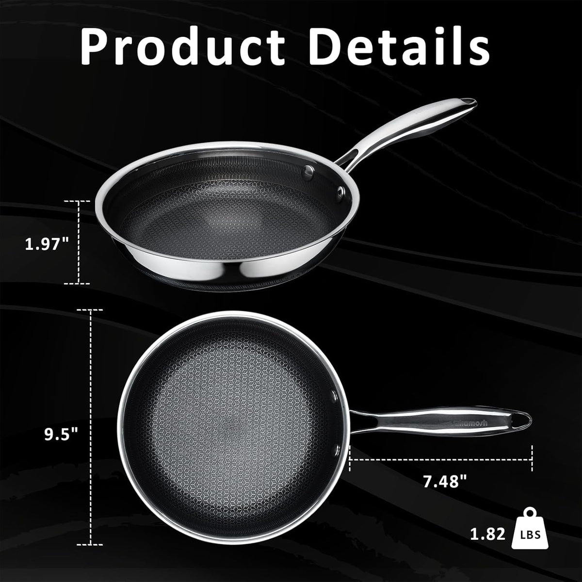 9.5" Nonstick Frying Pan, Ceramic-Coated Stainless Steel Skillet - PFOA/PTFE Free, High Heat & Induction, Dishwasher & Oven Safe + FREE Electric Pepper Grinder