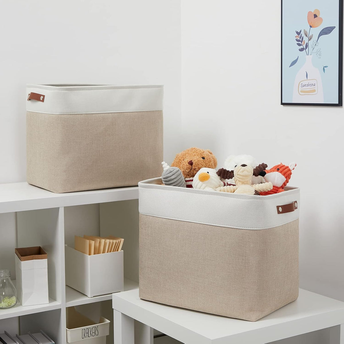 DULLEMELO Extra Large Storage Baskets, Fabric Storage Bins for Organizing Shelves Nursery Toys Books, Closet Baskets and Bins with Handles, White&Khaki, 2-Pack