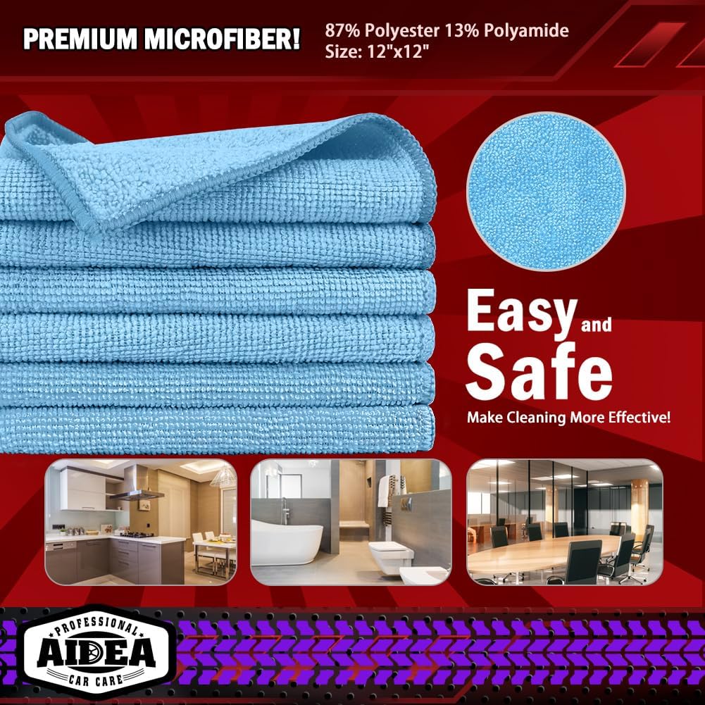AIDEA Microfiber Cleaning Cloth Blue 20PK, Microfiber Towels for Cars, Premium Car Cloths, Dusting Cloth Lint Free Cleaning Rags for SUVs, House, Kitchen, Window, Workshops,12×12"