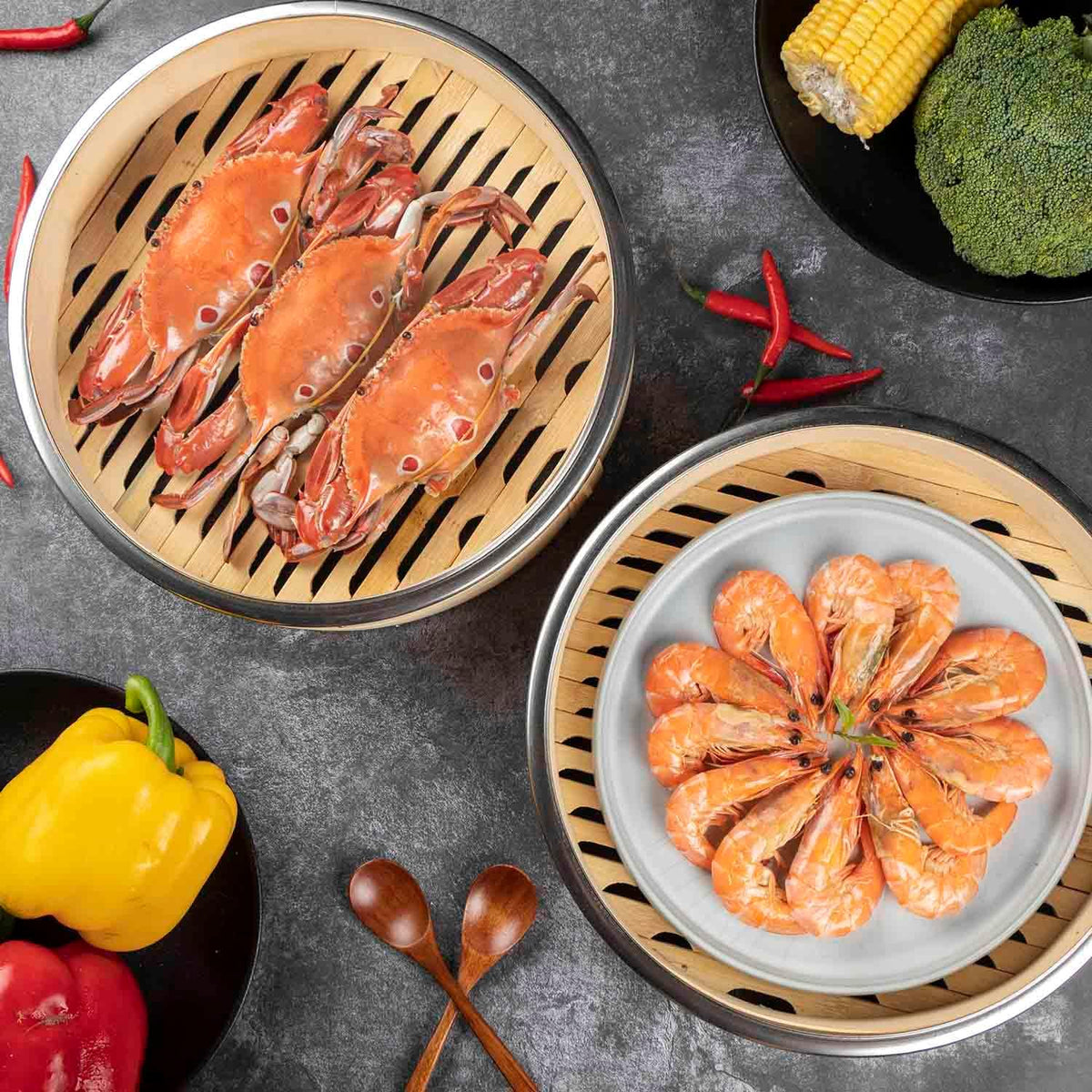 Bamboo Steamer Basket, Stainless Steel Reinforced Rim, 12-Inch 2-Tier Steamer for Cooking, 50 Liners Chopsticks Sauce Dish Dumpling Makers, Steaming Asian Food Bao Buns Dim Sum Rice Veggies Steam Pot