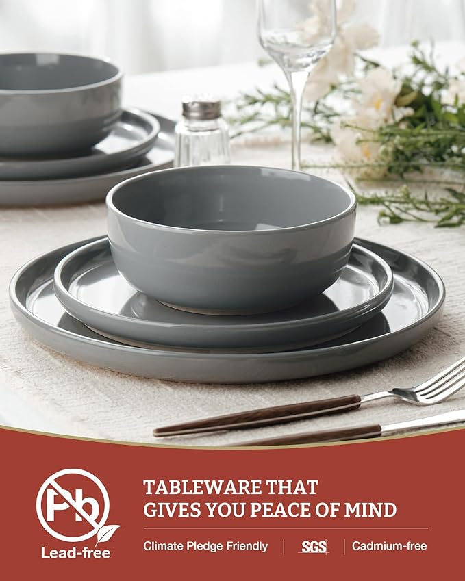 Famiware Milkyway Stoneware Dinnerware Sets with Pasta Bowls, Service for 4 (16 Pieces), Plates and Bowls Sets -Scratch Resistant, Microwave and Dishwasher Safe Dishes Set, Dark Gray