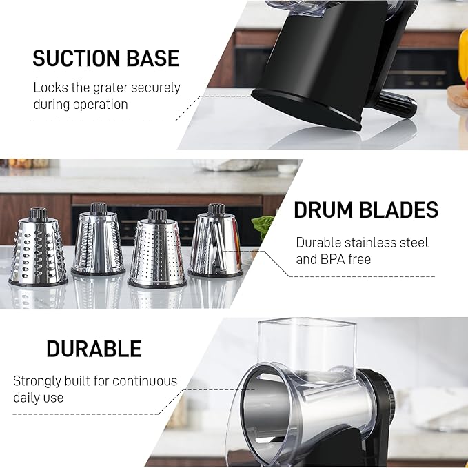 VEKAYA Cheese Grater, Cheese Grater Hand Crank, 4 Interchangeable Blades Cheese Shredder, Vegetable Slicer, Non-slip Suction Base, Easy to Clean Rotary Grater with Handle (Black)