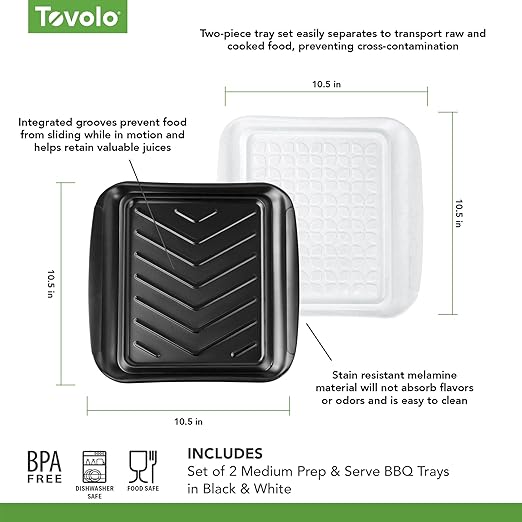 Tovolo Prep & Serve BBQ Trays Pack of 2 (Small - Black/White) - Serving Trays for Kitchen, Grill, Meal Prep, Smoker, Griddle, Barbeque, & More/BPA-Free & Dishwasher-Safe