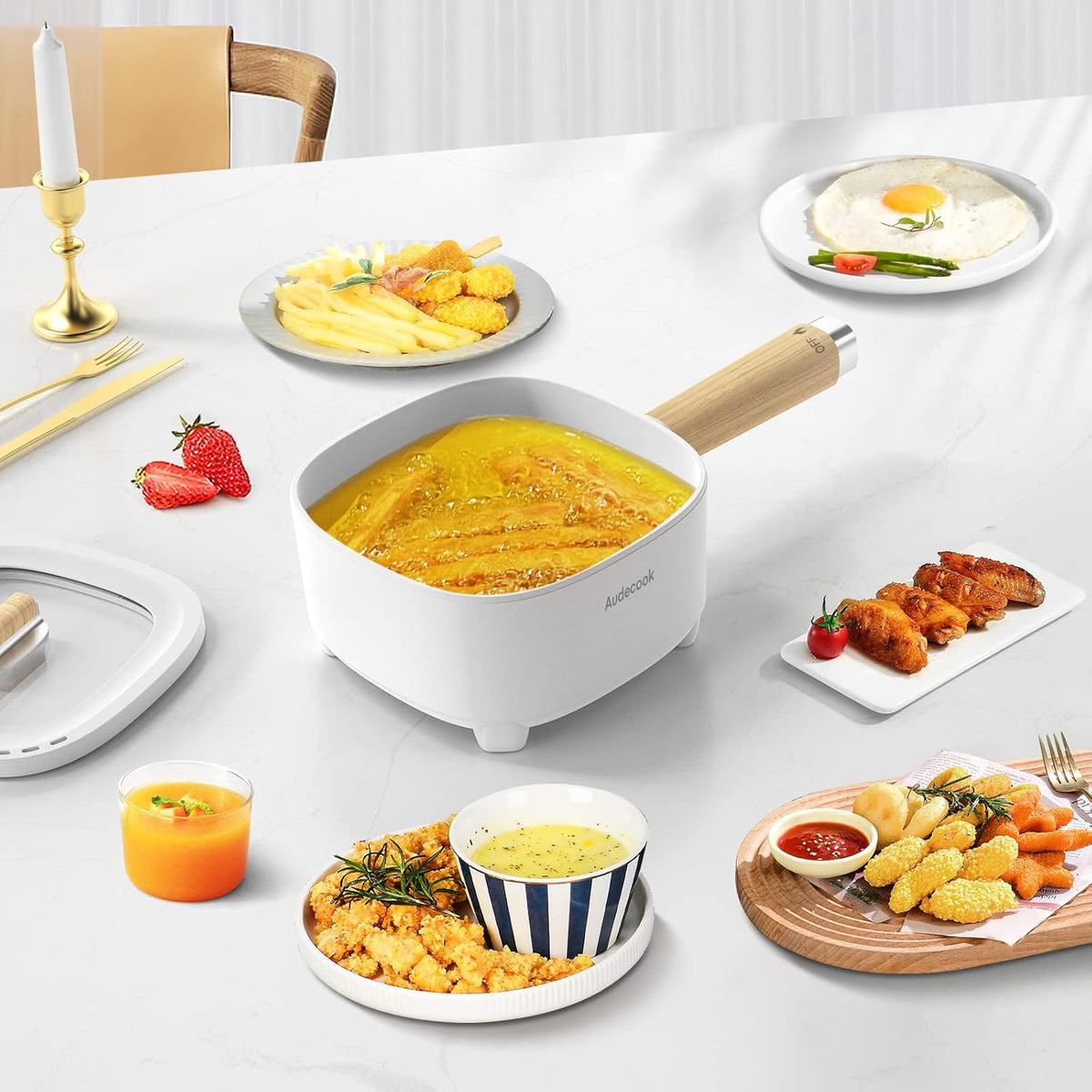 Audecook Hot Pot Electric 2L, Cermic Glaze Non-Stick Frying Pan 8 Inch, Portable Travel Cooker for Ramen/Steak/Fried Rice/Oatmeal/Soup, with Dual Power Control (Silicone Spatula Included)