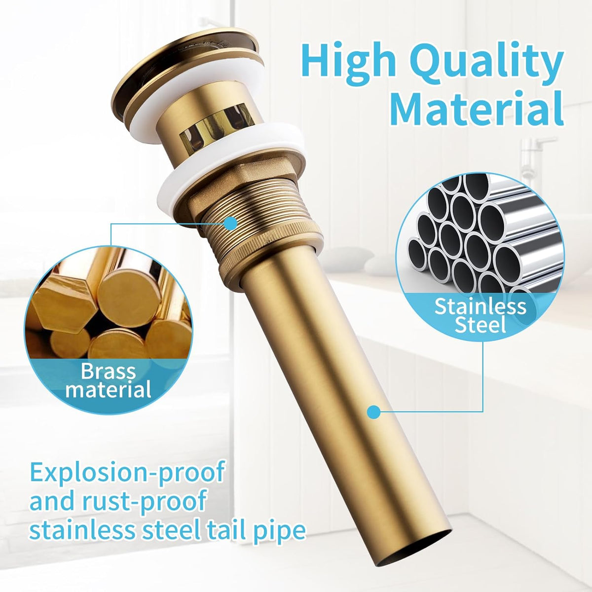 Bathroom Sink Pop Up Drain with Overflow, Vessel Sink Drain with Detachable Filter Basket, Anti-Corrosion and Anti-Clogging Sink Pop Up Drain Stopper (Brushed Gold, with Overflow)