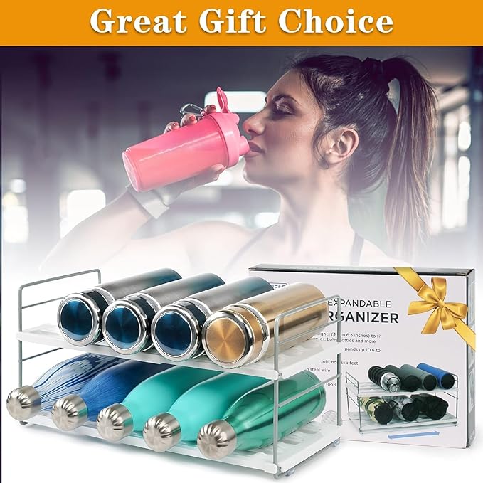Water Bottle Organizer For Cabinet, Adjustable Tumbler Storage, Expandable Water Bottle Holder For Kitchen Organization, 2 Tier Cup Organizer For Sports Flask Insulated Travel Mug Fridge, White