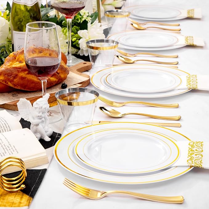 bUCLA 350PCS White and Gold Plastic Plates - Gold Disposable Dinnerware for Include 50 Dinner/Dessert Plates, 50 Forks, 50 Knives, 50 Spoons, 50 Cups & 50 Napkins for Party & Thanksgiving