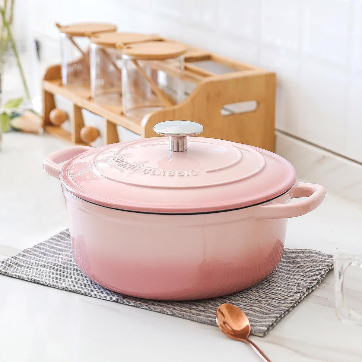 Enameled Cast Iron Covered Dutch Oven with Lid Round Pot for Bread Baking, 7 Quart, Pink