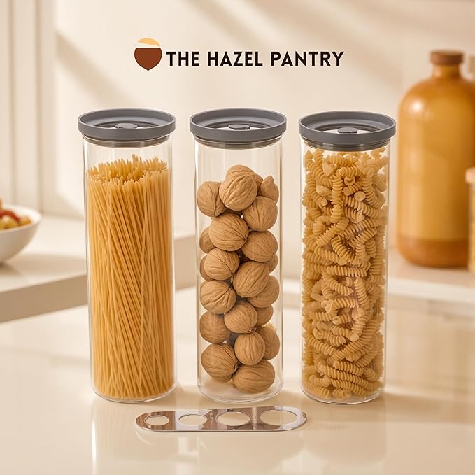 Glass Spaghetti Containers with Airtight Silicone Lids – BPA-Free Pantry Storage Jars for Pasta, Rice, Flour, and Dry Foods – Set of 3 with Portion Tool