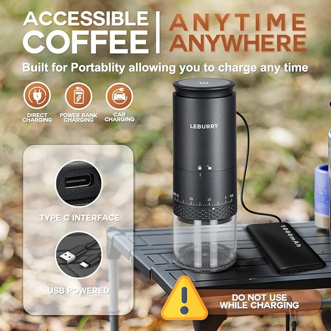 Burr Coffee Grinder - Portable Espresso Grinder with Stainless Steel Conical Mill for Travel, Camping - Cordless/Rechargeable Electric Coffee Bean Grinders with 38 Adjustable Grind Settings