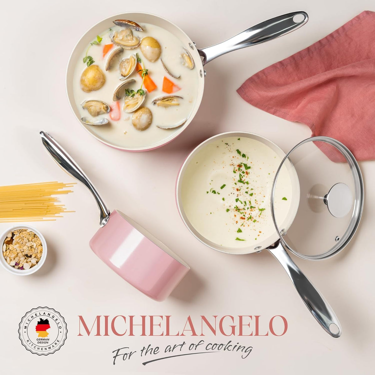 MICHELANGELO Sauce Pan with Lid, Non Stick Saucepan Set of 3-1Qt & 2Qt & 3Qt Small Pots for Cooking, Ceramic Saucepan - Non-Toxic, Scratch-Resistant, Oven Safe, Pink
