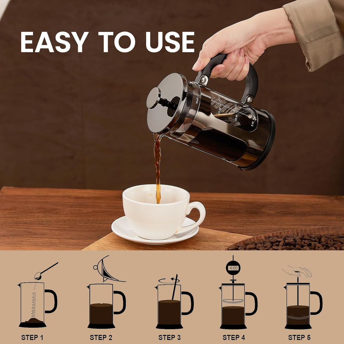 BAYKA 21 Ounce 0.6 Liter French Press Coffee Tea Maker Small, Heat Resistant Thickened Borosilicate Glass Stainless Steel Single Serve Brewer, Cold Brew Cafetera Teapot, Dark Pewter