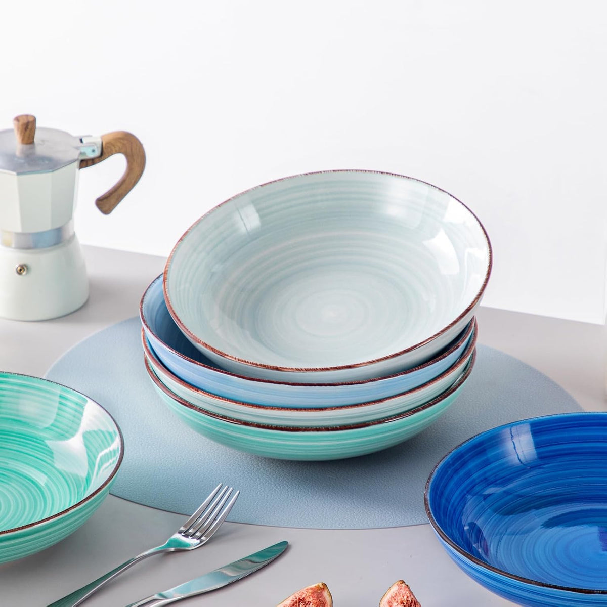 vancasso Bonita Pasta Bowls Set of 6, 50oz Large Salad Bowls for Kitchen, Stoneware Serving Bowls Dishwasher & Microwave Safe, Blue Bowl Set
