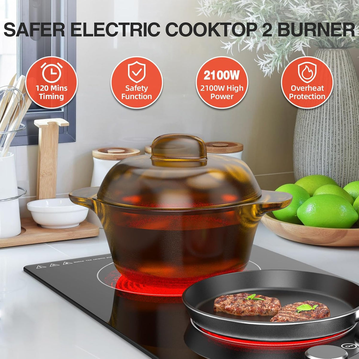 110v Electric Cooktop 2 Burners, 12'' Electric Stove Top with Plug in, GTKZW Knob Control Countertop & Built-in Ceramic Cooktop, 9 Power Levels, Child Lock, Timer, Over-Heat Protection