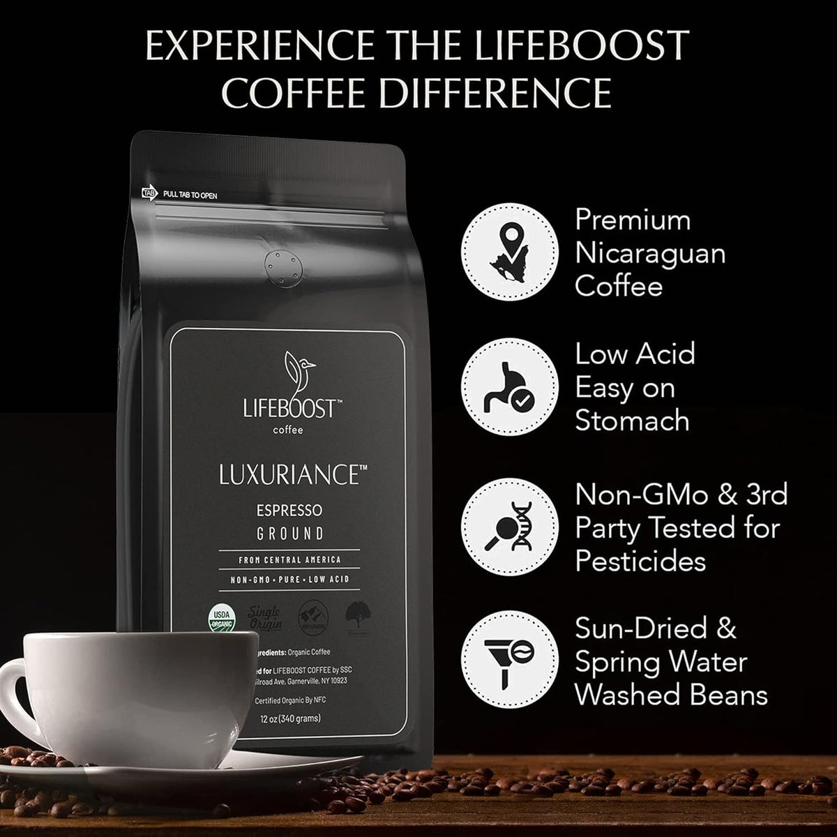 Lifeboost Espresso Ground Coffee - Non-GMO Low Acid Single Origin USDA Organic Espresso Coffee - Third Party Tested For Mycotoxins & Pesticides (Espresso Ground, 12oz, Pack of 3)