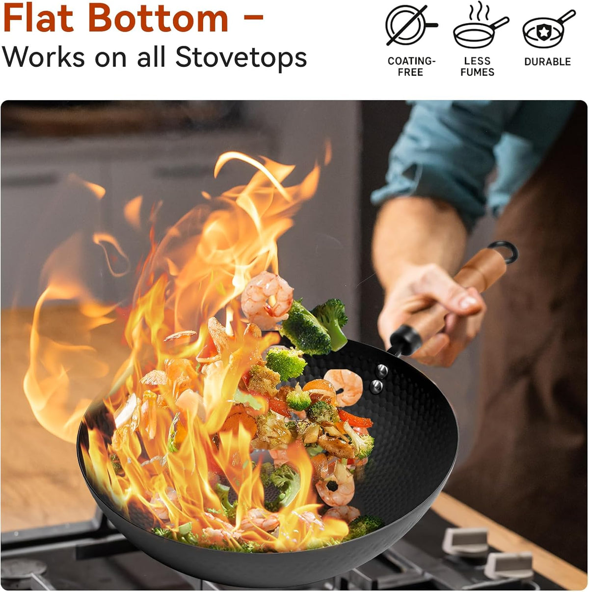 WANGYUANJI 12.6-Inch Wok Pan with Lid, Flat Bottom Wok with Detachable Wooden Handle, Compatible with All Stovetops