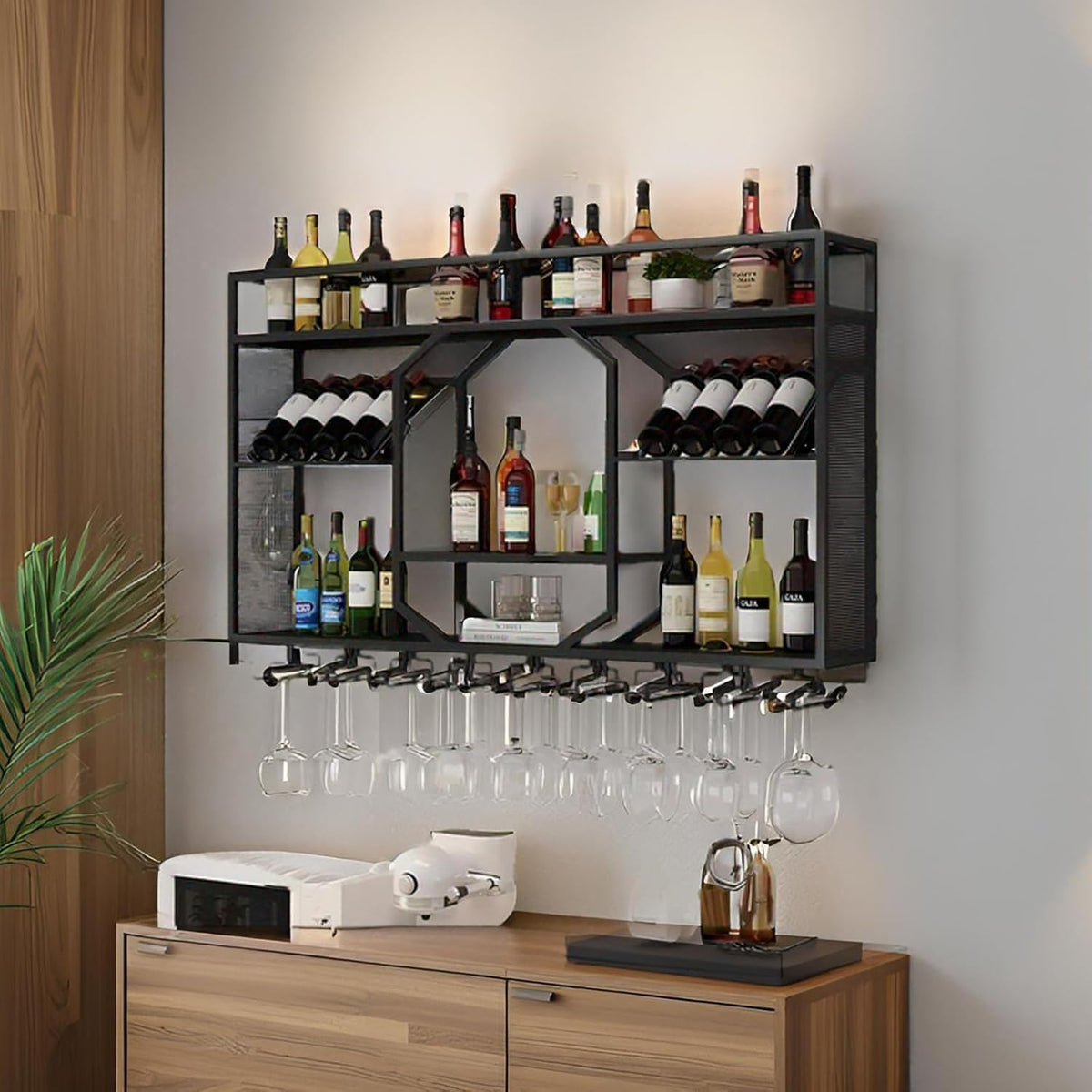 Wall Mounted Wine Rack, 3-Tiers Metal Bar Bottle Holder, Modern Wine Glass Storage Display Shelves, Wall Wine Rack for Kitchen Bar Dining Rooms Decoration (Black, 55.11in/140cm)