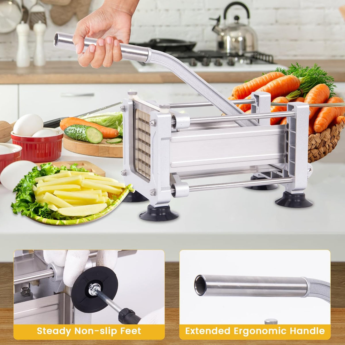 Heavy Duty French Fry Cutter with 3 Stainless Steel Blades (1/4" 3/8" 1/2") - Manual Metal Potato Slicer for Vegetable, Sweet Potatoes, Onions