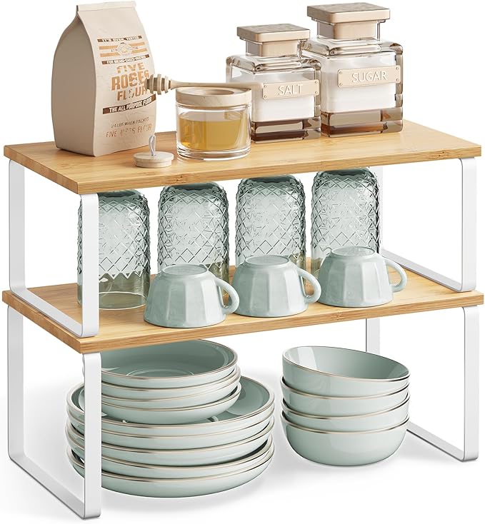 SONGMICS Cabinet Organizer Shelf, Set of 4 Kitchen Counter Shelves, Kitchen Storage, Spice Rack, Stackable, Expandable, Metal and Engineered Wood, Cloud White and Natural Beige UKCS210W01