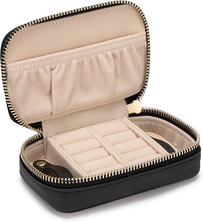 HISCOW Vegan Leather Travel Jewelry Case with Zipper - Portable Necklace & Earring Holder Organizer for Women Girls, Velvet-Lined Ring Box with Anti-Tarnish Design, Black