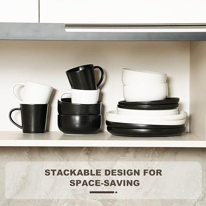 EWFEN 16-Piece Ceramic Dinnerware Sets with Mugs for 4, Black Plates and Bowls Set with Classic Design, Scratch Resistant Dishes Set, Dishwasher & Microwave Safe
