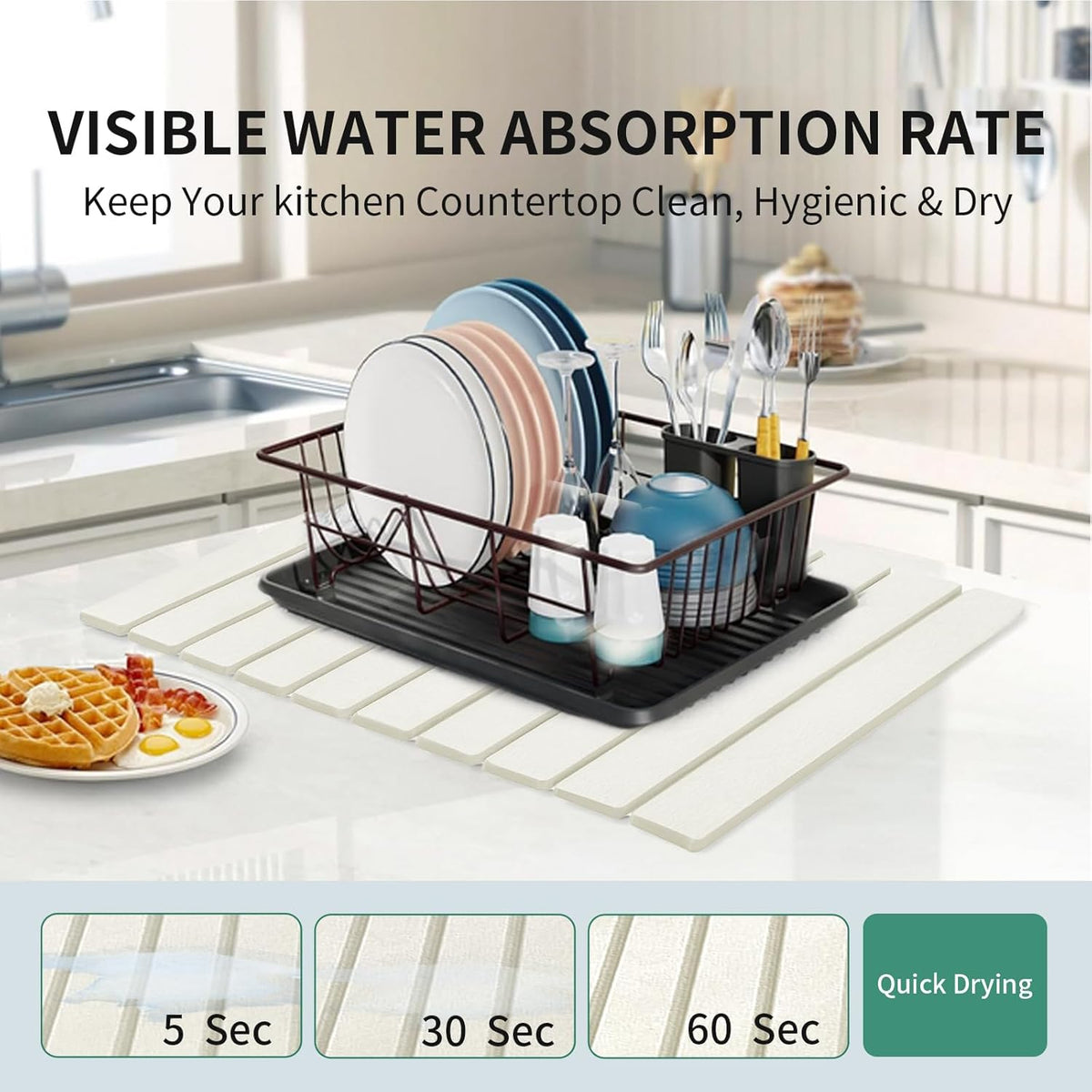 Stone Drying Mat for Kitchen Counter, Collapsible Dish Drying Mat, Fast Drying Diatomaceous Earth Dish Drying Mats, Water Absorbent Diatomite Kitchen Mat (white, small)