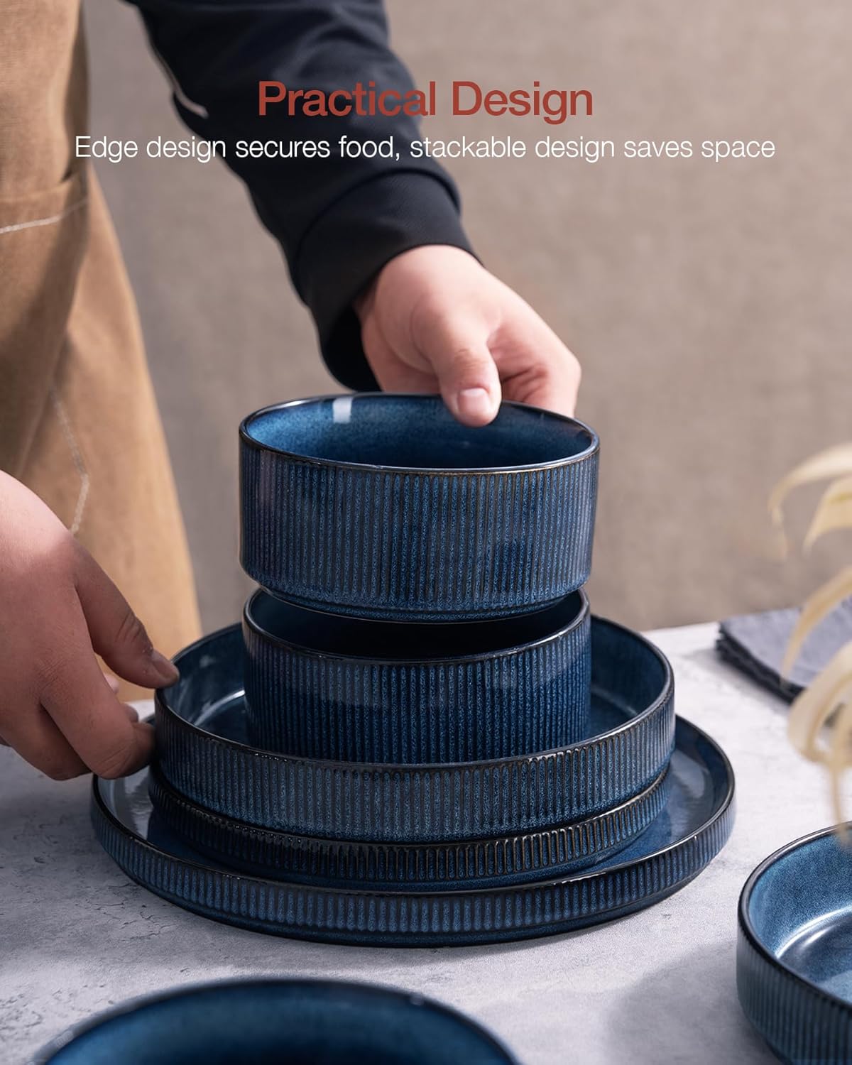 Famiware Star Dinnerware Set with Pasta Bowls, Service for 4 (16pcs), Ribbed Stoneware Plates and Bowls Dishes Sets - Chip & Scratch Resistant, Microwave & Dishwasher Safe, Nebulas Blue