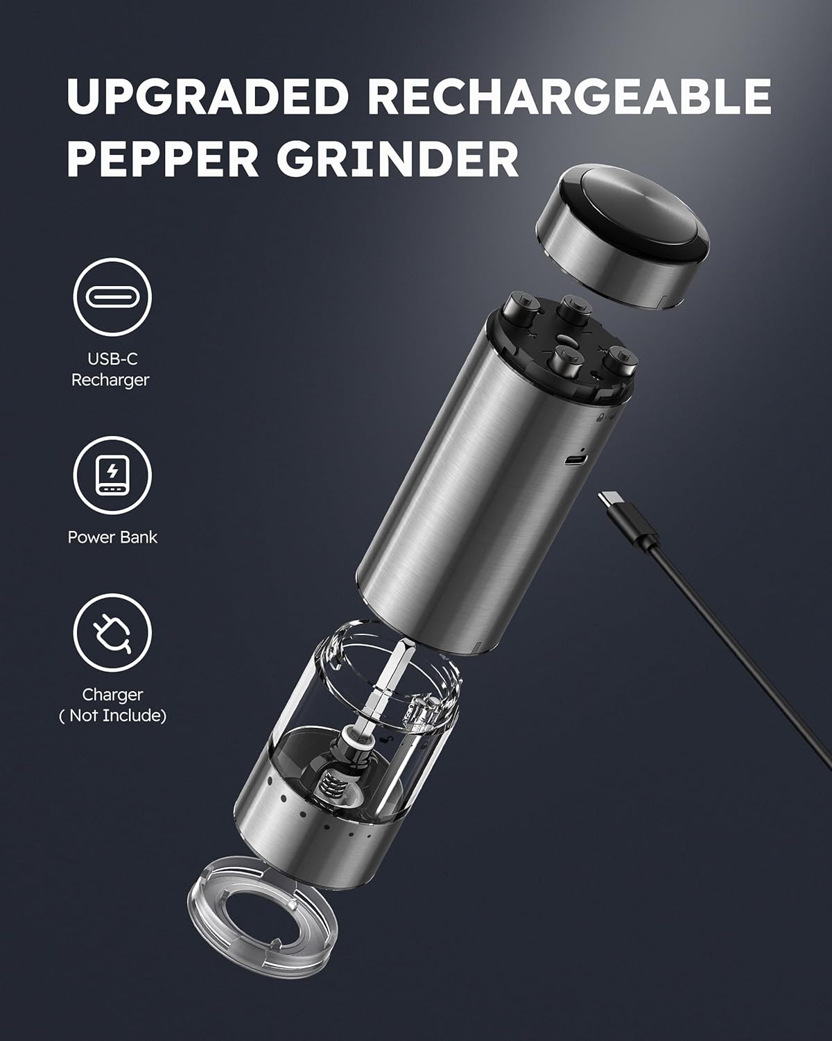 FORLIM Electric Salt and Pepper Grinder Set Rechargeable, Upgraded Washable, Automatic One-Handed Operation with LED, Adjustable Coarseness Pepper and Salt Grinder Refillable, Stainless Steel(Silver)