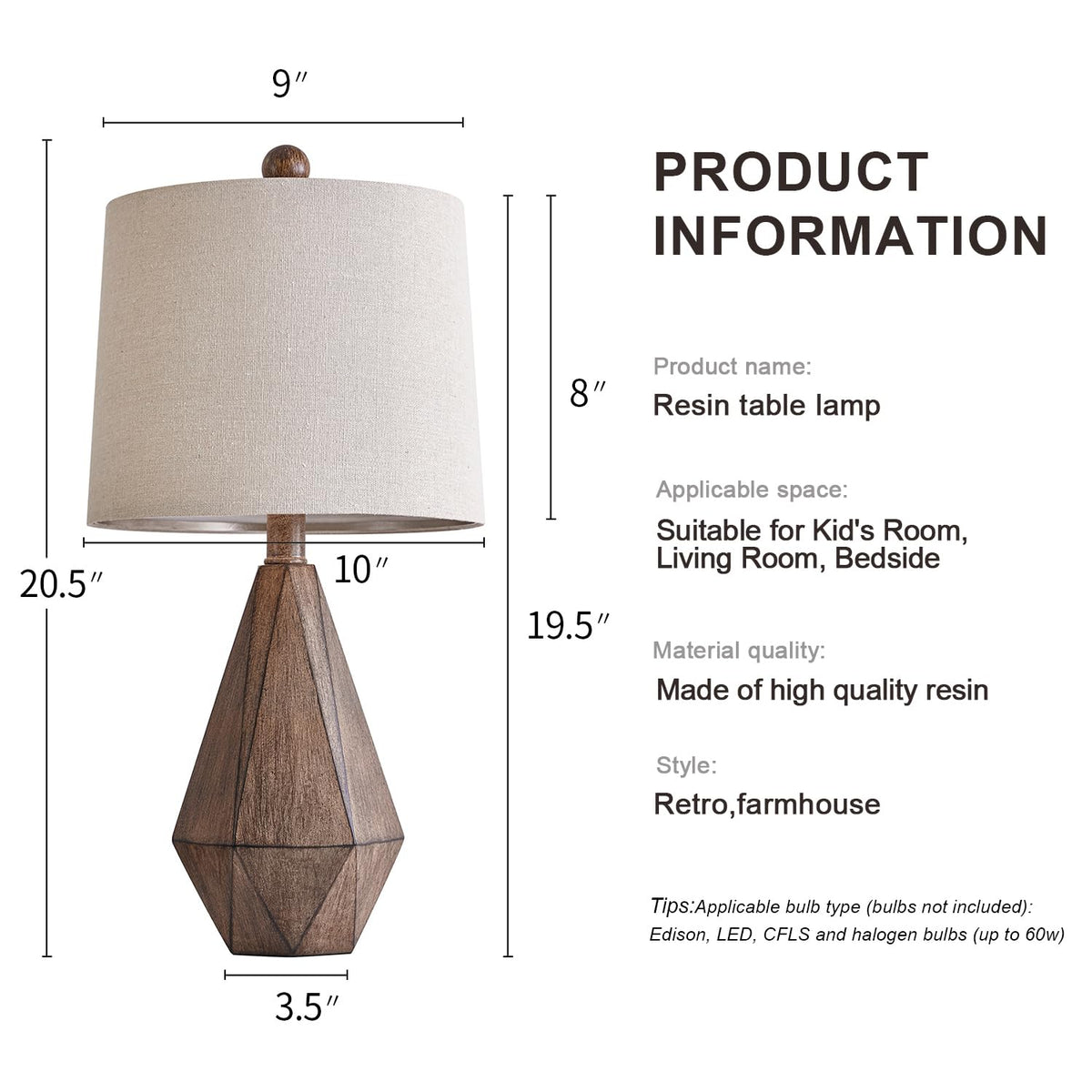 PoKat 20.25" Retro Farmhouse Table Lamp Set of 2, Small for Bedside, Brown
