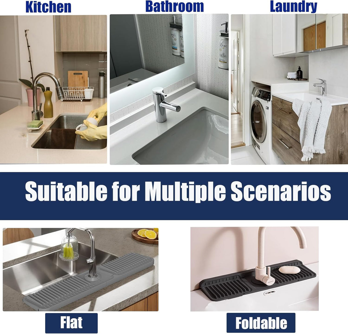 17.7" Silicone Faucet Mat for Kitchen Sink,Folding Sink Splash Guard Behind Faucet,Fasten Button & 6° Slope Design Faucet Drain Mat for Kitchen and Bathroom,Faucet Draining Mat(Black)