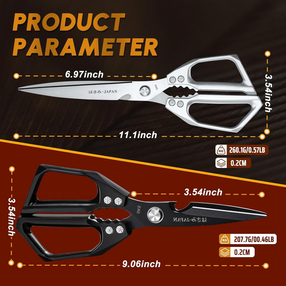 HUUSK Kitchen Scissors Set Upgraded - Stainless Steel Kitchen Shears, Sharp Meat Scissors, Heavy Duty Poultry Shear, Japanese Cooking Scissor for Food, Chicken Bones, and Turkey - Dishwasher Safe