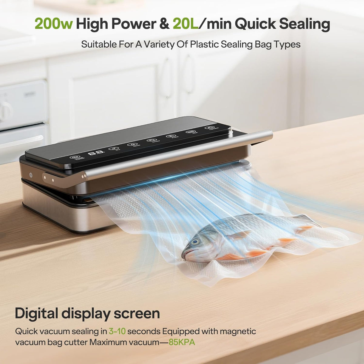 85Kpa Food Vacuum Sealer with Digital Timer, Built-in Cutter, and Storage Box
