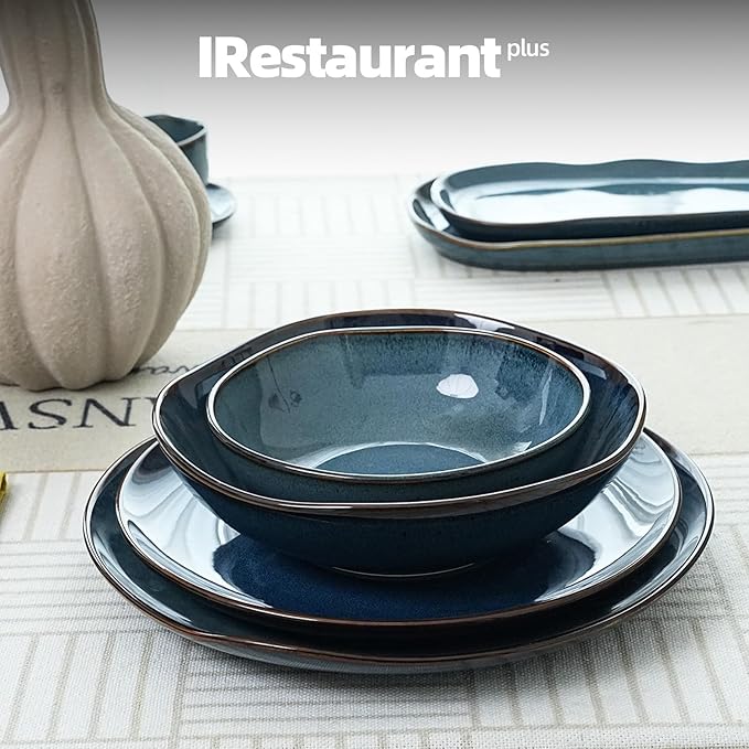 Organic Shape Restaurant Soup/pasta Bowl 8“/30oz, Commerical Grade Catering Stoneware Bowls in Ir-regular Organic Shape, Chip & Scratch Resistant, Glossy Reactive Glaze Blue, Case of 24