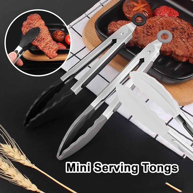 6 PCS Silicone Tongs,Cooking Tongs with Silicone Tips,7 Inch Stainless Steel Silicone Kitchen Tongs,Heat Resistant Non-Stick,for Cooking Grilling Salad,BBQ Tongs with Locking